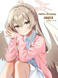 Rule 34 | 1girl, blue archive, brown eyes, brown hair, cardigan, closed mouth, collared shirt, gesupi (provlemsolver57), hair between eyes, halo, happy birthday, highres, knees up, long hair, long sleeves, looking at viewer, nagisa (blue archive), open cardigan, open clothes, pink cardigan, red halo, shirt, skirt, smile, solo, steepled fingers, white shirt, white skirt, white wings, wings