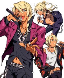 Rule 34 | 1boy, :d, absurdres, ace attorney, alternate costume, apollo justice: ace attorney, black jacket, black nails, blonde hair, blue eyes, chain, chain necklace, collar, crop top, dark-skinned male, dark skin, drill hair, earrings, fishnet top, fishnets, flame print, fur-trimmed jacket, fur trim, grgrton, hair between eyes, hair bun, highres, holding, holding microphone, jacket, jewelry, klavier gavin, long hair, male focus, microphone, midriff peek, multiple views, nail polish, necklace, one eye closed, open hand, open mouth, popped collar, side drill, simple background, single earring, smile, spiked collar, spikes, white background
