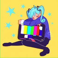 1girl aqua_eyes artist_logo blue_jacket closed_eyes commentary english_commentary full_body hatsune_miku highres jacket logo long_hair nichan_(nichanhimedesu) short_twintails sitting smile solo star_(symbol) static_(vocaloid) television test_card twintails vocaloid yellow_background