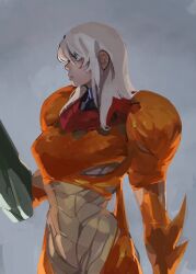 1girl 33dot arm_blade armor blonde_hair blue_eyes cowboy_shot from_side fusion_suit hand_up highres long_hair metroid metroid_fusion nintendo no_headwear power_armor power_suit power_suit_(metroid) profile samus_aran solo varia_suit weapon