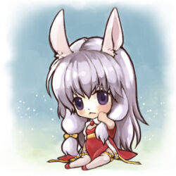 1girl :&lt; animal_ears arch_bishop_(ragnarok_online) blue_background blush bow bow_legwear chibi chibi_only closed_mouth commentary_request dress expressionless full_body gobaku_no_hito grey_hair long_hair long_sleeves looking_at_viewer lowres purple_eyes rabbit_ears rabbit_girl ragnarok_online red_dress sitting solo thighhighs very_long_hair white_thighhighs yellow_bow