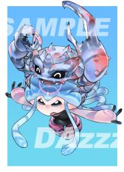Rule 34 | 1girl, absurdres, black bodysuit, blue background, blue hair, bodysuit, border, colored skin, dazz (daito), digimon, digimon (creature), full body, ganimon, highres, jellymon, pink skin, pointy ears, sample watermark, simple background, tentacle hair, watermark, white border