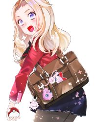 1girl bag black_pantyhose black_skirt blonde_hair blue_eyes collared_skirt creatures_(company) game_freak gen_1_pokemon gen_2_pokemon highres holding holding_poke_ball igglybuff jacket jigglypuff charm_(object) lass_(pokemon) long_sleeves looking_at_viewer miniskirt necktie nintendo open_mouth pantyhose pleated_skirt poke_ball pokemon pokemon_(creature) pokemon_swsh red_jacket school_uniform skirt tsumugi_touto white_background