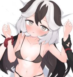 2girls animal_ears armpits asymmetrical_gloves bikini black_bikini black_gloves black_hair breasts collarbone coralie_6626_planck dog_ears dog_girl erdos_helia erdos_helia_(valkyrie_boltstorm) female_pov gloves grey_eyes grey_hair highres honkai_(series) honkai_impact_3rd mismatched_gloves multicolored_hair multiple_girls navel open_mouth pov pov_hands red_gloves samate small_breasts stomach string_bikini swimsuit two-tone_hair white_background yuri