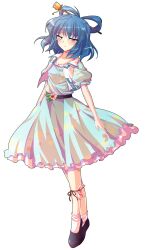 1girl alphes_(style) black_shoes blue_eyes blue_hair blush collarbone commentary_request dairi dress flower full_body hagoromo hair_ornament hair_rings hair_stick highres kaku_seiga light_smile ofuda parody shawl shoes solo style_parody tachi-e tears touhou transparent_background vest