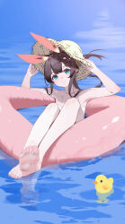 1girl absurdres amiya_(arknights) animal_ears arknights barefoot blue_eyes brown_hair feet grin hat highres innertube long_hair looking_at_viewer parted_lips rubber_duck shenmi_de_xigua smile soles straw_hat swim_ring swimsuit toes