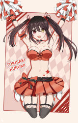 1girl alternate_costume black_choker black_garter_straps black_hair black_thighhighs breasts character_name choker date_a_live garter_straps hair_ribbon heterochromia high_heels highres holding holding_pom_poms looking_at_viewer medium_breasts navel o-ring o-ring_choker open_mouth pom_pom_(cheerleading) pom_poms red_eyes red_ribbon red_skirt red_tube_top ribbon saint_laurent_paris shoes skirt smile solo strapless thighhighs tokisaki_kurumi tube_top white_shoes yellow_eyes