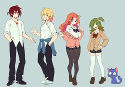111nuaywwa 2boys 2girls :d anna_(epic_battle_fantasy) black_bow black_bowtie black_pants black_shoes blonde_hair blue_cat blue_eyes bow bowtie breasts brown_pantyhose brown_shoes cardigan cat clothes_around_waist coke-bottle_glasses collared_shirt earrings epic_battle_fantasy flat_chest full_body glasses green_eyes green_hair grey_background hair_bobbles hair_ornament hairclip hand_in_pocket hand_on_own_hip highres jacket jacket_around_waist jewelry lance_(epic_battle_fantasy) large_breasts long_hair matt_(epic_battle_fantasy) miniskirt multiple_boys multiple_girls natalie_(epic_battle_fantasy) nolegs_(epic_battle_fantasy) one_side_up open_mouth orange_hair pants pantyhose partially_unbuttoned pink_nails plaid_clothes plaid_skirt red_bow red_bowtie red_eyes red_hair school_uniform shirt shoes simple_background skirt smile thighhighs waving white_shirt white_shoes white_thighhighs