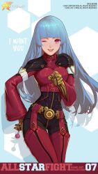 1girl blue_hair candy food heart highres kula_diamond one_eye_closed pointing pointing_at_viewer purple_eyes smile the_king_of_fighters wink