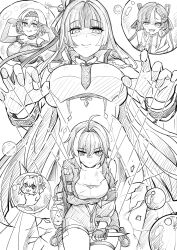 Rule 34 | 5girls, :p, ahoge, bandaid, bandaid on face, bandaid on nose, breasts, bubble, chinese hairpin, doro (nikke), fang, goddess of victory: nikke, greyscale, hair intakes, hair ornament, hairband, half-siblings, highres, hime cut, jien (nikke), large breasts, long hair, mole, mole under each eye, mole under eye, monochrome, mori (nikke), multicolored hair, multiple girls, multiple moles, necktie, puppet strings, red shoes (nikke), short hair, sketch, streaked hair, syuen (nikke), thigh strap, tongue, tongue out, yougenko