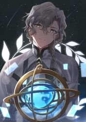 Rule 34 | 1boy, black trim, braid, braided ponytail, chaldea logo, closed mouth, coat, commentary, english commentary, fate/grand order, fate (series), globe, grey hair, hair between eyes, hair over shoulder, head tilt, highres, lab coat, long hair, long sleeves, looking at viewer, male focus, marisbury animusphere, parted bangs, shooting star, single braid, sky, smile, solo, star (sky), starry sky, terarenai, twitter username, upper body, white coat, yellow eyes