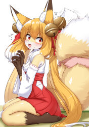 1boy 1girl animal_ear_fluff animal_ears bell blonde_hair blush body_fur dated detached_sleeves fox_ears fox_girl fox_tail from_side furry furry_female grabbing_another&#039;s_tail hair_bell hair_ornament high-waist_skirt highres hip_vent horokusa_(korai) japanese_clothes jingle_bell looking_back miko multiple_tails open_mouth original red_eyes red_skirt sitting skirt sweatdrop tail twintails wariza white_hair white_sleeves yellow_fur