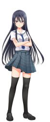 1girl black_boots black_hair black_thighhighs blue_necktie boots breasts cinderella_series closed_mouth clothes_lift collarbone crossed_arms floating_clothes frown full_body hachigatsu_no_cinderella_nine hair_between_eyes highres loafers long_hair miniskirt necktie no_dickey official_art plaid_clothes plaid_skirt red_eyes sailor_collar satogahama_school_uniform school_uniform shinonome_ryo shirt shoes short_sleeves simple_background skirt skirt_lift solo standing summer_uniform tachi-e thighhighs transparent_background white_background white_sailor_collar white_shirt zettai_ryouiki
