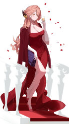 1girl absurdres aru_(blue_archive) aru_(dress)_(blue_archive) blue_archive breasts cup demon_horns dress drinking_glass falling_petals high_heels highres holding holding_cup holding_wallet horns jacket jacket_on_shoulders jewelry large_breasts long_hair momorin_(choco030309) necklace official_alternate_costume petals pink_hair red_dress red_jacket solo stairs wallet white_background wine_glass yellow_eyes