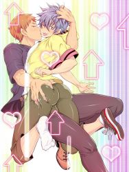 2boys ass ass_grab blush bulge deep_skin full_body groping hand_on_head highres kugayama_yuuya licking male_focus multiple_boys one_eye_closed sakuraprin saliva shindou_kazuma smile socks tongue tongue_out wink