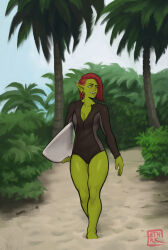 1girl artist_logo artist_name bare_legs barefoot breasts bush collarbone colored_skin commentary day ear_piercing english_commentary ethrkart fangs female_orc full_body green_skin holding holding_surfboard logo long_sleeves looking_to_the_side open_mouth orange_eyes orc original outdoors palm_tree piercing pointy_ears red_hair sand small_breasts smile solo surfboard swept_bangs tree underbite walking