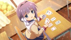Rule 34 | 1girl, artist request, blue skirt, brown jacket, card, chair, clannad, crossover, desk, fujibayashi ryou, game cg, hair ribbon, highres, higurashi no naku koro ni, higurashi no naku koro ni mei, hikarizaka private high school uniform, holding, holding card, jacket, long sleeves, looking at viewer, non-web source, official art, open mouth, playing card, purple eyes, purple hair, ribbon, school chair, school desk, school uniform, short hair, sitting, skirt, smile, solo, sparkle, tree, white ribbon, window