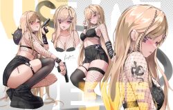 1girl absurdres arm_ribbon arm_warmers barcode barcode_tattoo belt black_belt black_bra black_skirt black_thighhighs blonde_hair blush boots bra braid breasts chain chain_around_arm commentary earrings english_commentary eve_(keyokku) fishnet_top fishnets gun hair_ornament highres holding holding_gun holding_weapon jewelry keyokku long_hair multiple_views nail_polish original photo-referenced pink_eyes platform_boots ribbon side_braid single_arm_warmer single_fishnet_legwear skirt snake squatting studded_belt tattoo thigh_strap thighhighs trigger_discipline underwear v very_long_hair weapon white_background x_hair_ornament