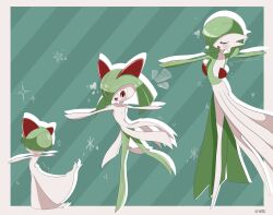 Rule 34 | bob cut, bowl cut, closed eyes, colored skin, dress, evolutionary line, gardevoir, gen 3 pokemon, green hair, green skin, hair over one eye, highres, horns, inb795, kirlia, multicolored skin, nintendo, pokemon, pokemon (creature), ralts, red eyes, sidelocks, signature, star (symbol), two-tone skin, white dress, white skin