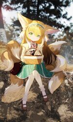 1girl :3 absurdres animal_ears aqua_hairband aqua_skirt arknights bag basket black_cat blonde_hair brown_bag brown_shoes cardigan cat chinese_commentary closed_mouth commentary cross-laced_clothes cross-laced_skirt cross-laced_slit fox_ears fox_girl fox_tail frilled_hairband frills full_body green_eyes hairband highres holding holding_basket kitsune kyuubi long_hair looking_at_viewer luo_xiaohei luo_xiaohei_(cat) luo_xiaohei_zhanji mary_janes multiple_tails neck_ribbon pantyhose photo_background red_ribbon revision ribbon round_bag shirt shoes shoulder_bag sitting skirt solo suzuran_(arknights) tail wang_waiwai white_pantyhose white_shirt yellow_cardigan
