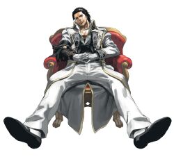 Rule 34 | 1boy, absurdres, black hair, blue eyes, claudio serafino, formal clothes, gloves, hair slicked back, highres, interlocked fingers, junny, legs apart, looking at viewer, male focus, non-web source, official art, on chair, shoes, short hair, simple background, sitting, smirk, solo, suit, tekken, tekken 7, white background, white gloves, white shoes, white suit