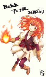 Rule 34 | 1girl, :d, absurdres, black thighhighs, black vest, boots, bright pupils, brown boots, brown gloves, buttons, commentary request, dated, fire, flaming hand, gloves, helck, highres, long hair, looking at viewer, open mouth, pointy ears, puffy sleeves, pyrokinesis, red eyes, red hair, shirt, simple background, skirt, smile, solo, thighhighs, translation request, tsukaasa, vermilio (helck), vest, white background, white pupils, white shirt, white skirt, wing collar