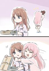 2girls bang_dream! bang_dream!_it&#039;s_mygo!!!!! blue_eyes blue_shirt box brown_hair chihaya_anon closed_eyes commentary fang heart-shaped_box highres hug hug_from_behind long_hair lyy multiple_girls nagasaki_soyo open_mouth pajamas pink_hair pink_shirt shirt shorts sidelocks teeth upper_teeth_only valentine white_shorts yuri