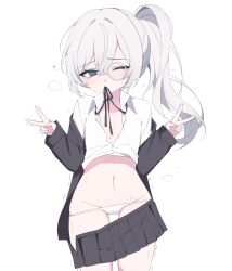 1girl absurdres artist_request black_jacket black_skirt blue_eyes clothes_lift clothes_pull collared_shirt commission cowboy_shot double_v grey_hair highres jacket long_hair long_sleeves looking_at_viewer monocle mouth_hold navel neck_ribbon one_eye_closed original panties pleated_skirt ribbon second-party_source shirt shirt_lift side_ponytail simple_background skirt skirt_pull solo underwear v white_background white_panties white_shirt