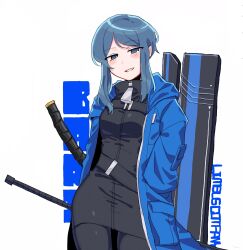 1girl bari_(project_moon) black_dress black_pants blue_eyes blue_hair blue_jacket character_name dress highres jacket limbus_company looking_at_viewer nr6nzqrcgf60864 pants project_moon short_hair sidelocks simple_background solo standing upper_body white_background