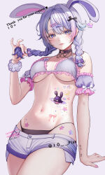 10_plus 1girl absurdres animal_ears arm_support armband artist_name black_collar black_panties blue_nails blush bow bra braid breasts cassiopeia_(vtuber) character_name collar commentary commission cowboy_shot ear_piercing earrings english_text extra_ears facial_tattoo frilled_armband frilled_bra frills gradient_hair hair_bow hair_intakes hair_ornament hairclip hand_up heart heart_tattoo highres holding holding_own_hair indie_virtual_youtuber jewelry looking_at_viewer low_twin_braids medium_breasts multicolored_hair nail_polish panties piercing pink_hair pink_nails purple_armband purple_bra purple_eyes purple_hair rabbit_ears scrunchie short_shorts shorts simple_background skeb_commission solo star_(symbol) star_earrings star_tattoo stomach_tattoo string_panties tattoo twin_braids twitter_username underboob underwear virtual_youtuber wrist_scrunchie