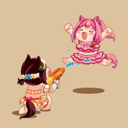 &gt;_&lt; 2girls :d animal_ears bare_arms bare_shoulders barefoot bikini blush_stickers braid brown_background brown_hair chibi closed_eyes commentary_request detached_sleeves flower hair_flower hair_intakes hair_ornament haru_urara_(umamusume) highres holding horse_ears horse_girl horse_tail jumping long_hair moko39_takasora multicolored_hair multiple_girls on_one_knee open_mouth pink_bikini pink_hair plaid_bikini plaid_clothes plaid_sleeves ponytail puffy_short_sleeves puffy_sleeves red_flower shadow short_sleeves sidelocks simple_background smile soles special_week_(hopping_vitamin_heart)_(umamusume) special_week_(umamusume) swimsuit tail two-tone_hair umamusume water water_gun white_hair xd