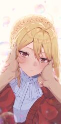 Rule 34 | 1girl, angelica rapha redgrave, blonde hair, blush, braid, close-up, commission, crown braid, eyelashes, fingerless gloves, fingernails, gloves, hair between eyes, hair bun, hand on another&#039;s cheek, hand on another&#039;s face, hands up, highres, holding hands, kryto arts, long fingernails, long sleeves, looking at viewer, medium hair, nail polish, otome game sekai wa mob ni kibishii sekai desu, pink nails, pixiv commission, pov, pov hands, red eyes, solo focus, upper body