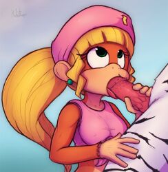 1boy 1girl artist_name bare_shoulders blonde_hair blue_background blunt_bangs body_fur breasts brown_fur collarbone commission covered_erect_nipples crop_top dixie_kong donkey_kong_(series) earrings erection fellatio furry furry_female furry_male furry_with_furry green_eyes hand_on_another&#039;s_thigh hands_up hat hetero interspecies jewelry kekitopu long_hair looking_at_another looking_up medium_breasts monkey_girl nintendo open_mouth oral penis pink_hat pink_shirt ponytail shirt sidelocks signature simple_background sleeveless sleeveless_shirt solo_focus spiked_penis tied_shirt tongue tongue_out upper_body