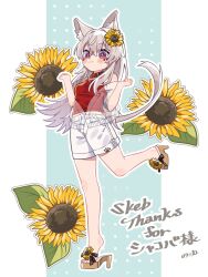 Rule 34 | 1girl, :3, animal ear fluff, animal ears, artist name, bare shoulders, blush stickers, borrowed character, brown sandals, cat ears, cat girl, cat tail, closed mouth, commentary, commission, flower, full body, green background, grey hair, hair between eyes, hands up, highres, leaf, long hair, looking at viewer, notamaru 2, off shoulder, original, outside border, pillarboxed, red eyes, red shirt, sandals, see-through cardigan, shirt, shorts, skeb commission, sleeveless, sleeveless shirt, smile, solo, standing, standing on one leg, sunflower, tail, white shorts