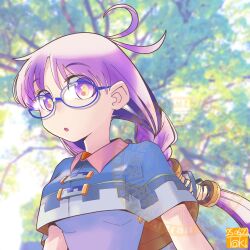 1girl antenna_hair artist_logo blue-framed_eyewear blue_capelet blurry blurry_background capelet dated glasses hashtag-only_commentary highres logo long_hair looking_at_viewer original outdoors purple_eyes purple_hair solo toki_tencho tree