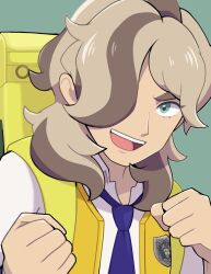 1boy :d arven_(pokemon) backpack bag brown_hair clenched_hands collared_shirt commentary_request green_background green_eyes hair_over_one_eye hands_up happy highres male_focus nakikot_t necktie nintendo open_clothes open_mouth open_vest pokemon pokemon_sv school_uniform shirt simple_background smile solo teeth tongue upper_body upper_teeth_only vest white_shirt yellow_bag yellow_vest