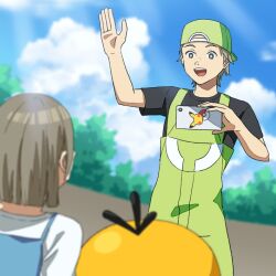 Rule 34 | 1boy, 1other, :d, arm up, black shirt, blue sky, blurry, blurry background, bright pupils, brown eyes, brown hair, cellphone, cloud, cosplay, day, gen 1 pokemon, green overalls, holding, holding phone, kirisaki (gin16k), nintendo, official art, open mouth, outdoors, overalls, phone, pikachu, poke ball symbol, pokemon, pokemon (creature), pokemon breeder (pokemon), pokemon breeder (pokemon) (cosplay), pokemon xy, psyduck, second-party source, shirt, short hair, short sleeves, sky, smartphone, smile, teeth, tree, upper teeth only, waving, white pupils