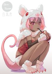 1girl animal_hood breast_press breasts capelet cup dark-skinned_female dark_skin disposable_cup drinking_straw facial_mark fingerless_gloves full_body fur gloves gradient_background holding holding_cup hood large_breasts looking_at_viewer mouse_girl mouse_tail original paw_shoes pink_hair purple_eyes simple_background solo squatting tail tomamatto whisker_markings