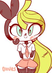 1girl animated animated_gif black_thighhighs blue_eyes blush braces breasts closed_eyes cowboy_shot diives double_w english_text female_focus gen_5_pokemon green_hair green_panties hair_tie hands_up happy heart legendary_pokemon long_hair looking_at_viewer meloetta miniskirt mythical_pokemon necktie nintendo nose_blush panties pink_necktie pink_skirt pokemon pokemon_(creature) ponytail school_uniform shirt short_sleeves simple_background skirt small_breasts smile solo spoken_heart standing talking teeth thighhighs underwear very_long_hair w white_background white_shirt