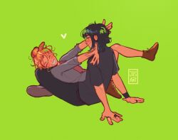 2girls :d ^_^ artist_logo black_hair black_pants black_shirt brown_shoes closed_eyes commentary earrings glasses green_background grey_shirt grin hair_bun happy heart highres hoop_earrings jewelry jossart kininatteru_hito_ga_otoko_ja_nakatta koga_mitsuki logo lying lying_on_person multiple_girls multiple_rings on_back oosawa_aya open_mouth orange_hair pants ring shirt shoes short_hair short_sleeves simple_background single_hair_bun sitting smile wavy_hair wristband yuri