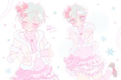 1boy :&lt; \m/ alien_stage black_shoes blush bow closed_mouth crossdressing english_text flying_sweatdrops frilled-skirt fur-trimmed_jacket fur_trim green_eyes green_hair hair_between_eyes hair_bow heart heart_hands jacket leg_up looking_at_viewer multiple_views pink_bow pink_shirt pink_skirt pink_thighhighs red_ribbon ribbon rinrin_(wuvpyon) shirt shoes short_hair short_sleeves skirt snowflakes solo striped_bow thighhighs till_(alien_stage) turtleneck turtleneck_shirt