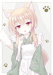 animal_ears apron brown_eyes brown_hair cat_ears cat_girl cat_tail frills highres iris_mysteria! k_(nura-rikuo) laura_kelyrie maid maid_apron open_mouth standing tail wa_maid