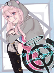 1girl 2018 animal_hood antenna_hair arms_on_knees belt black_nails blonde_hair blue_eyes boots character_name danganronpa_(series) danganronpa_v3:_killing_harmony dated from_side grey_hoodie hair_between_eyes happy_birthday highres hood hood_up hoodie iruma_miu long_hair looking_at_viewer mouse_hood nail_polish niko_niko_happy o-ring o-ring_belt open_clothes open_hoodie pink_serafuku pink_shirt pink_skirt piro_(piropoi) school_uniform serafuku shirt sitting skirt smile solo teeth upper_teeth_only