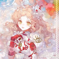 Rule 34 | 1girl, asymmetrical gloves, braid, breasts, brown hair, crown, dress, elbow gloves, english text, gloves, green eyes, grin, hair ornament, highres, long hair, looking at viewer, mismatched gloves, original, red gloves, smile, solo, teeth, watermark, weibo watermark, white crown, white dress, white gloves, xi guapi