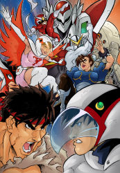 3girls 5boys angry black_hair blue_eyes bodysuit breasts brown_eyes brown_hair capcom casshern casshern_(series) china_dress chinese_clothes chun-li clash crossover aiba_takaya doronjo dress epic grin headband helmet highres jun_the_swan ken_the_eagle lost_planet mask multiple_boys multiple_girls open_mouth pantyhose ptx-40a robot_hunter_casshern ryu_(street_fighter) scarf skirt smile street_fighter tatsunoko_production tatsunoko_vs_capcom tekkaman_blade viewtiful_joe viewtiful_joe_(character) wings yatterman