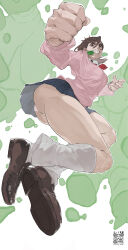 1girl absurdres ass ayase_momo brown_eyes brown_hair clenched_hand clenched_teeth commentary dandadan earrings foreshortening from_below full_body highres jewelry loafers miniskirt pakupaku_keema panties pendant_earring perspective pink_sweater pleated_skirt school_uniform shoes short_hair skirt sweater teeth thighs underwear white_background