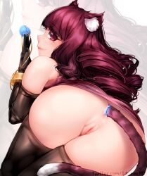 absurdres anal animal_ears anus blush cat_ears cleft_of_venus dress drill_hair elbow_gloves gloves highres jewelry likunea long_hair looking_at_viewer looking_back necklace no_panties presenting pussy red_dress red_eyes red_hair smile stella_hoshii thighhighs va-11_hall-a