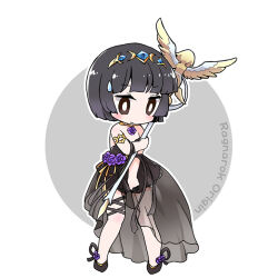1girl armlet bare_shoulders black_dress black_hair black_shoes blue_gemstone bob_cut bright_pupils brown_hair closed_mouth copyright_name dress flower footwear_flower frown full_body gem high_priest_(ragnarok_online) holding holding_staff jewelry legs_apart purple_eyes purple_flower purple_rose ragnarok_online ragnarok_origin rose see-through_clothes shoes short_dress short_hair simple_background solo staff standing strapless strapless_dress sweatdrop tiara white_background white_pupils yuruko_(seiga8946606)