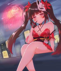 1girl bare_legs bare_shoulders blunt_bangs blush breasts cleavage fireworks fox_mask gloves grin hair_ornament hand_up highres honkai:_star_rail honkai_(series) long_hair looking_at_viewer mask mask_on_head red_eyes shimesaba_(sami) sitting smile solo sparkle_(honkai:_star_rail) twintails very_long_hair