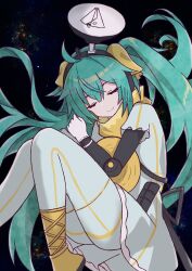 Rule 34 | 1girl, absurdres, alternate costume, aqua hair, boots, closed eyes, closed mouth, dress, grey dress, grey pantyhose, hatsune miku, highres, long hair, noir (noire6959), pantyhose, satellite dish, short dress, solo, space, twintails, very long hair, vocaloid, yellow boots